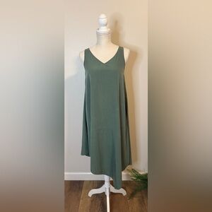 Eileen Fisher Asymmetrical Sandwashed Tencel Shift Dress Nori Green Sz XXS